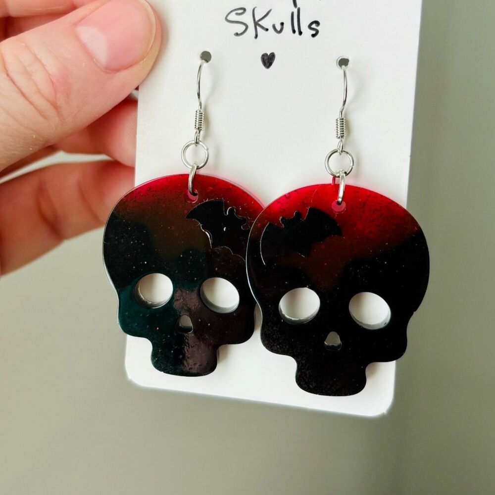 Skull Earrings Bats, Blood Red Black Dangles, Dark Romantic Gothic Halloween